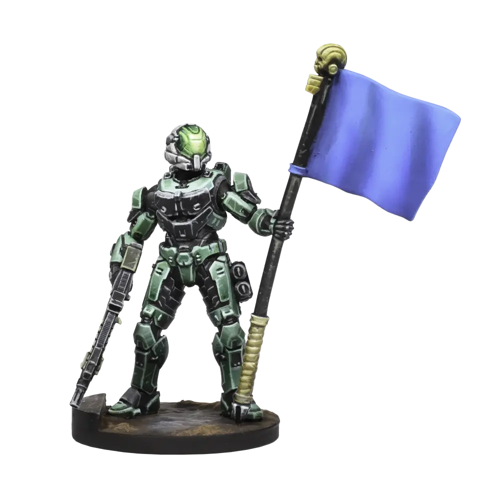 spartan zvezda green holding blue flag isolated right copy