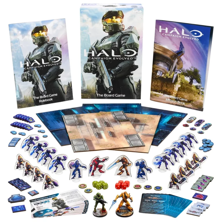 Halo Campaign Evolved The Board Game box contents including Master Chief miniature, Sangheili Zealot miniature, map tiles, cards and tokens