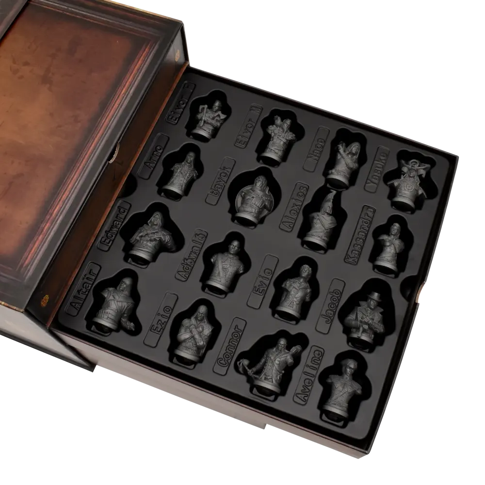 assassins creed animus the board game collectors edition product shot character busts in storage drawer full size square crop